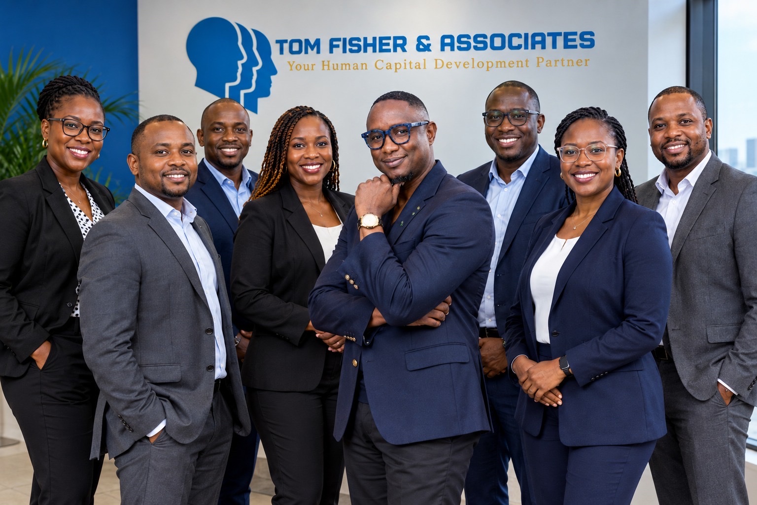 The Tom Fisher & Associates team standing together in front of the company logo wall